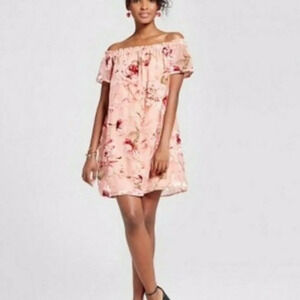 Floral Velvet Burnout Dress Pink Off  the Shoulder